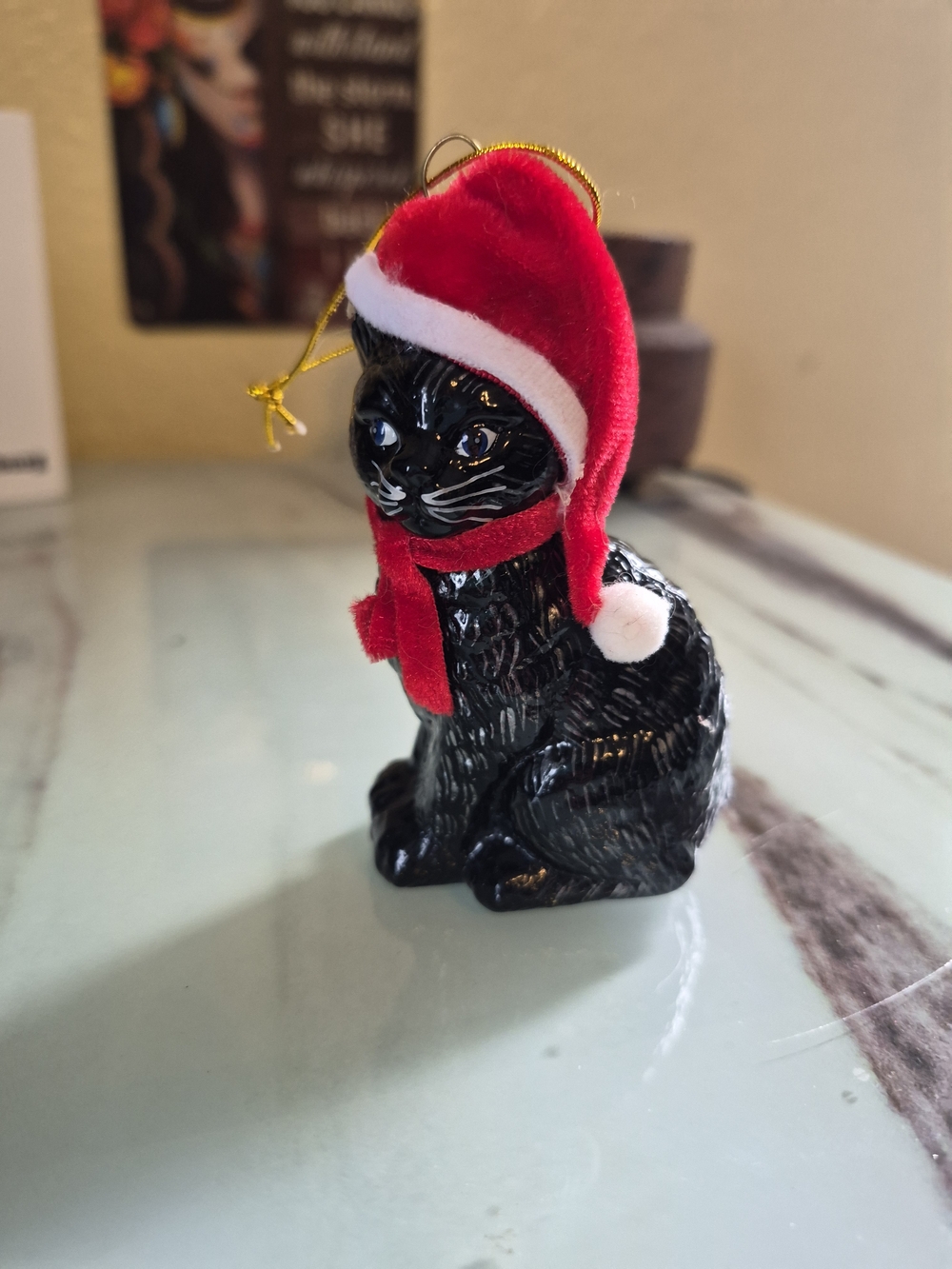 Black Cat Ornament with Red Santa Hat